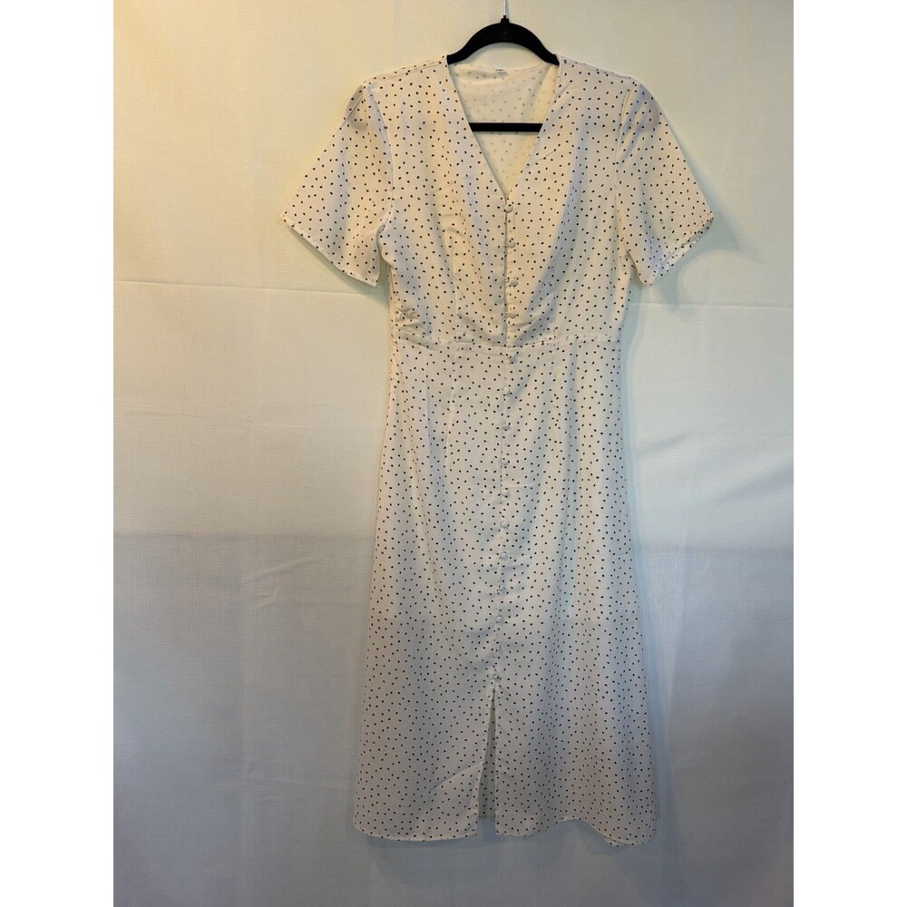 White Blue Polka Dot V-Neck Short Sleeve Midi Dress Women's Regular